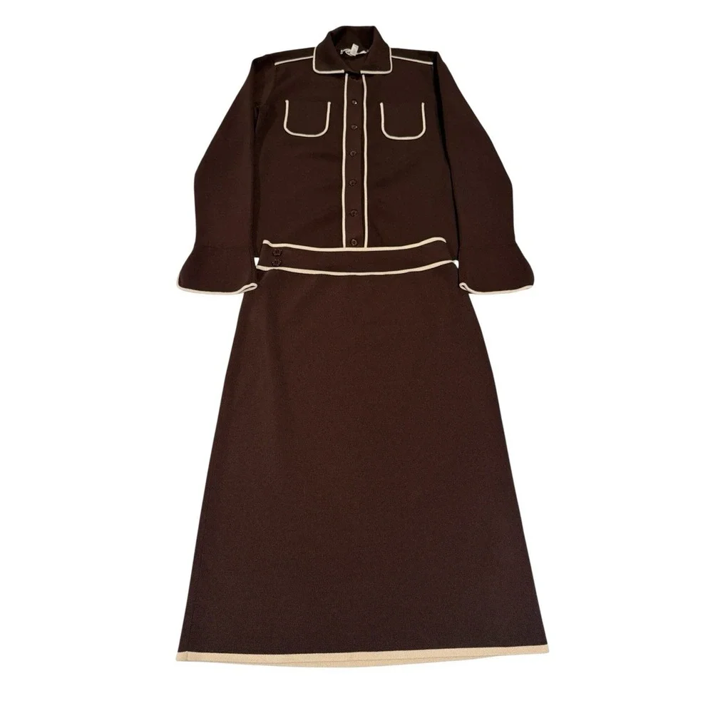 Vertigo Paris Brown Cream Knit Cardigan Skirt Set Women's S Vintage Style‎